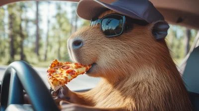 Capybara Driving with Pizza