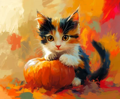 Calico Cat with Pumpkin