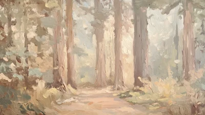 Vintage Redwood Tree Forest Oil Painting