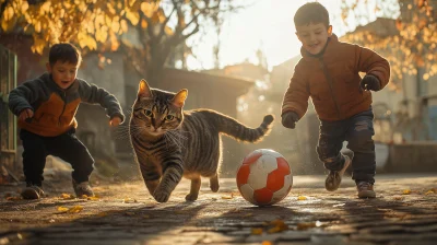 Cat and Kids Playing