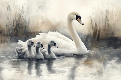 Swan Family by the River