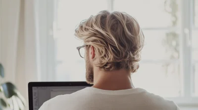 Happy man using laptop