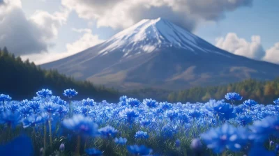 Mt. Fuji Over Blue Flowers