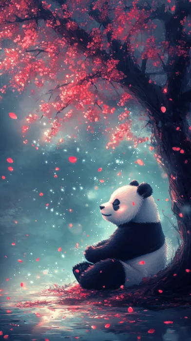 Meditative Panda Under Cherry Blossoms