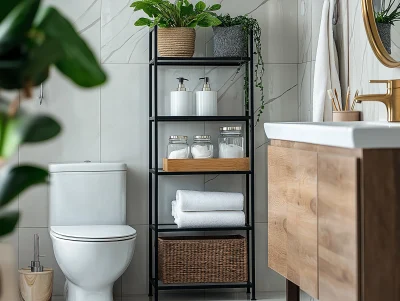 Modern Bathroom with Black Shelving