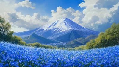 Mt Fuji with Blue Flowers