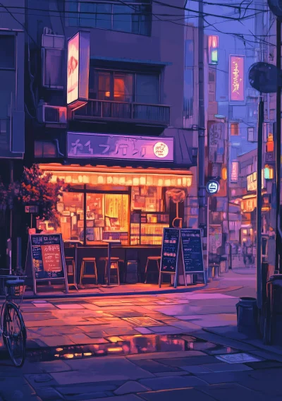 Neon Cafe Scene in Tokyo