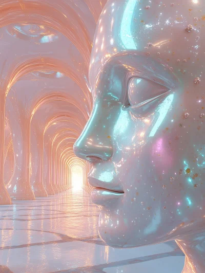 Calm Buddha in Futuristic Hallway