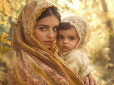 Iberian Woman and Baby in Autumn Forest