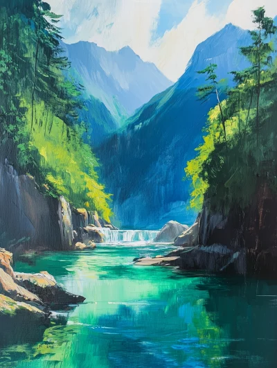 Mountain River Acrylic Painting