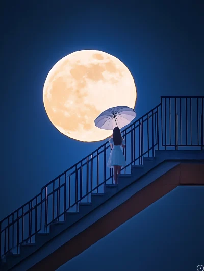 Girl with Umbrella and Full Moon