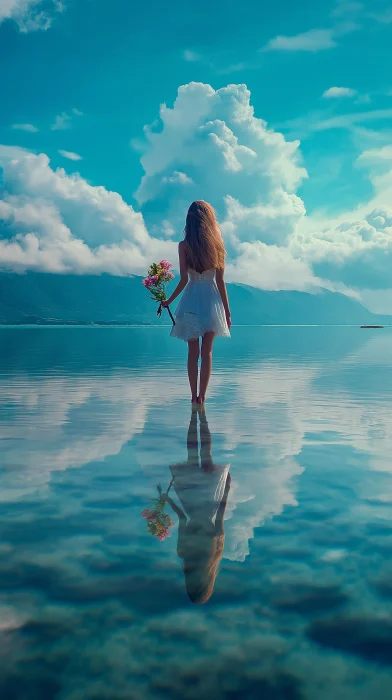 Girl with Flowers in Lagoon