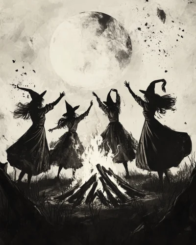 Witches Dancing Around a Bonfire