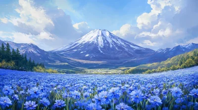 Mt Fuji Behind Blue Flowers