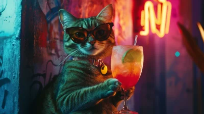 Fashionable Cat with Cocktail