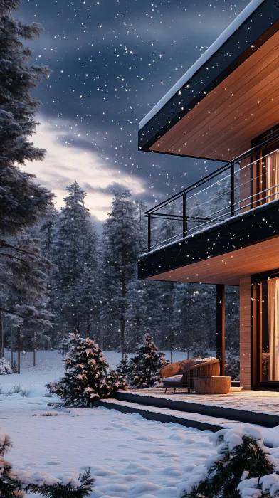 Cozy Balcony Overlooking Snow-Covered Forest