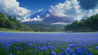 Mt Fuji Behind Blue Flowers