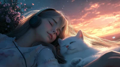 Girl and Cat Listening to Music