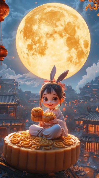 Cute Cartoon Girl with Mooncakes