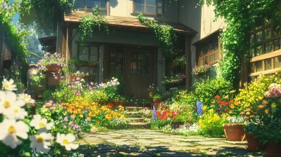 Vintage House with Colorful Flowers