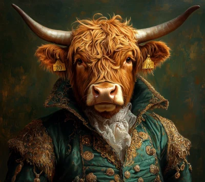 Vibrant Red Highland Cow in Renaissance Outfit