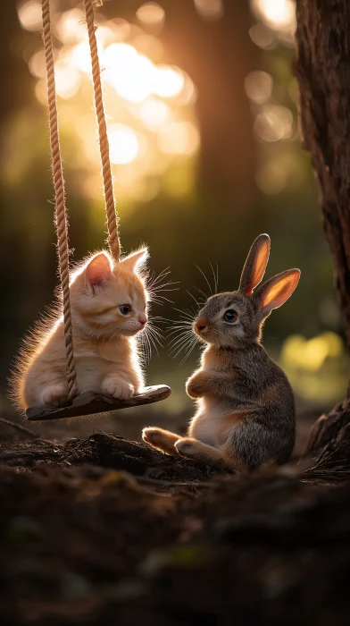 Cat and Bunny on a Swing