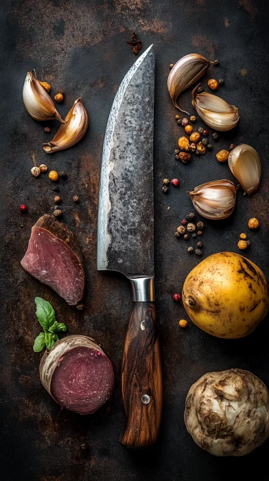 Chef’s Knife on High Quality Food Background