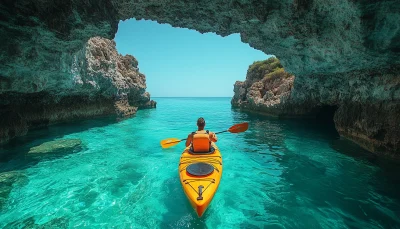 Kayaker in Rocky Cave