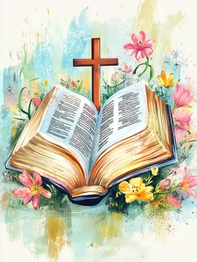 Colorful Open Bible with Cross and Flower