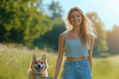 Smiling Young Woman Walking Dog