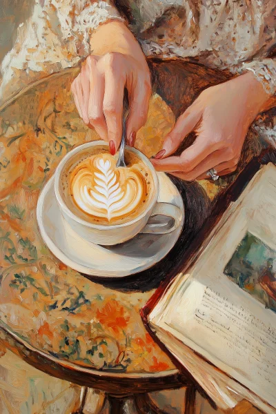 Aerial View of a Woman Stirring Cappuccino