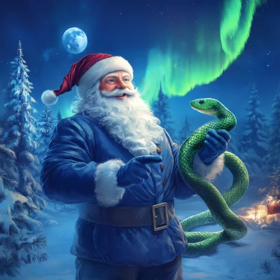 Santa Claus with a Snake under the Northern Lights