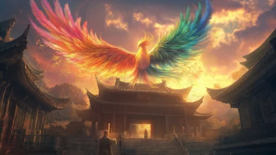 Rainbow Phoenix Over Temple