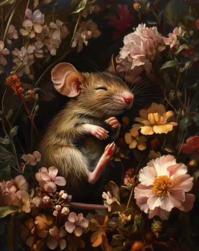 Beautiful Mouse Surrounded by Flowers