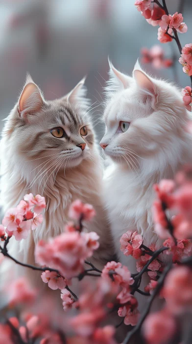 Fluffy Cats by Flowering Tree