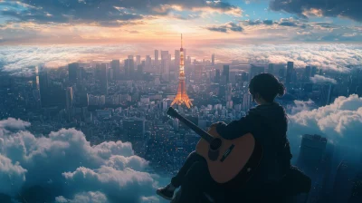 Girl Playing Guitar Over Tokyo