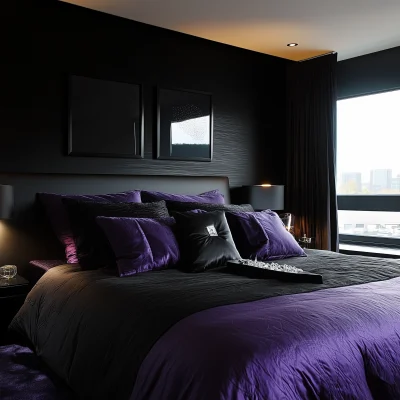 Modern Bedroom with Black and Purple Linens