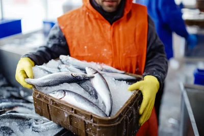 Korean man carrying frozen fish