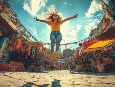 Girl Jumping in Marketplace