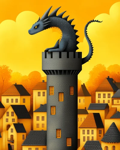 Blue Dragon Perched on Castle Tower