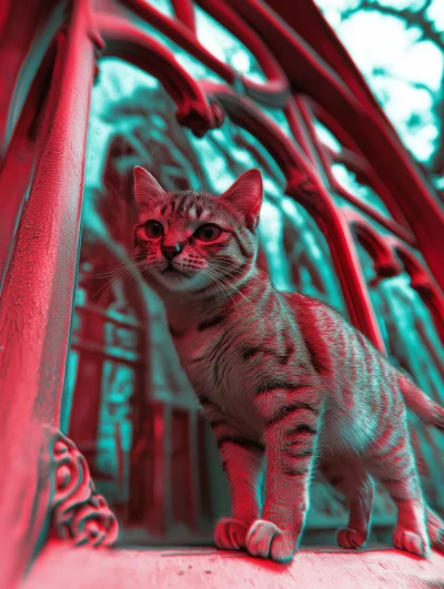 Anaglyph Cat in Front of Glass Window