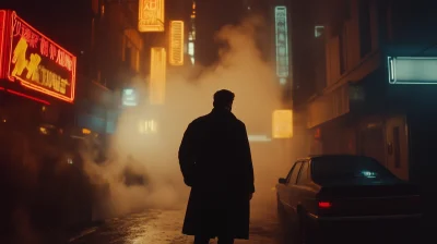 Deckard Standing in a Dark Sci-Fi Scene