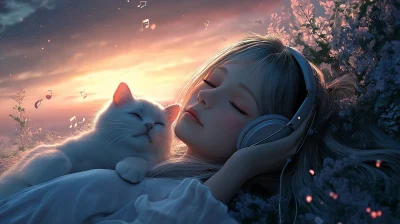 Girl and Cat Listening to Music