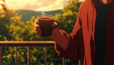 Anime Character Drinking Coffee