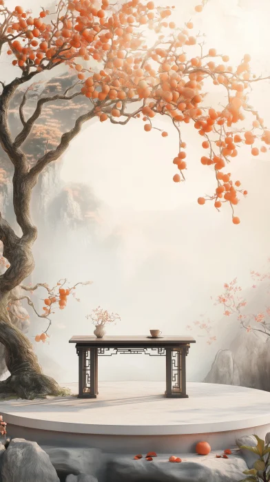 Chinese themed stone platform with persimmon tree