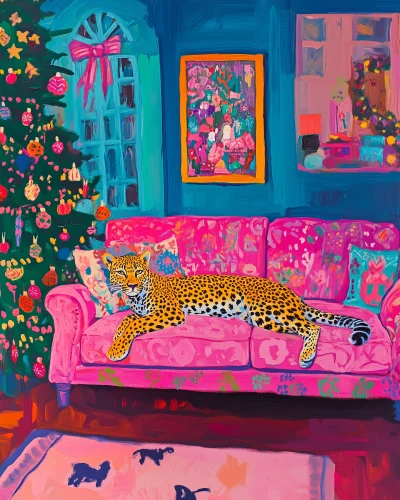 Leopard in Christmas Living Room