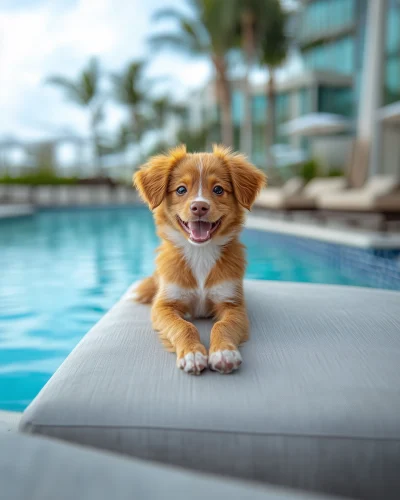 Happy Puppy by the Pool