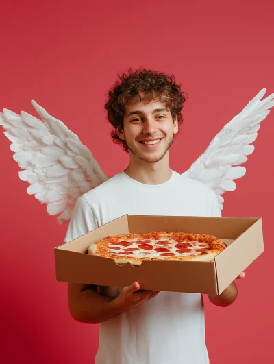 Smiling Cherub with Pizza