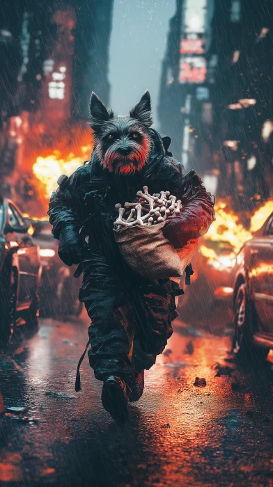 Thieving Pup in a Cyberpunk Rain