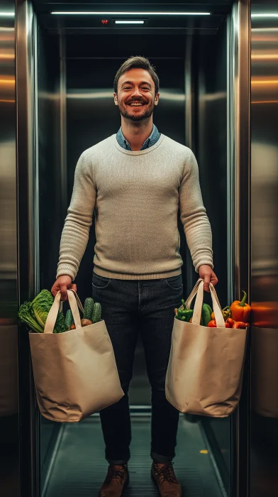 Man with Groceries in Elevator